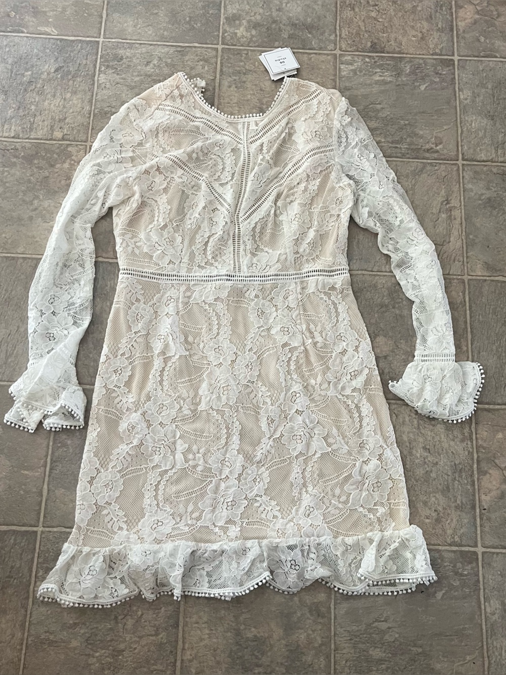 David's Bridal Engagement Dress White Lace Long-Sleeve Chemise with Ruffle Hem